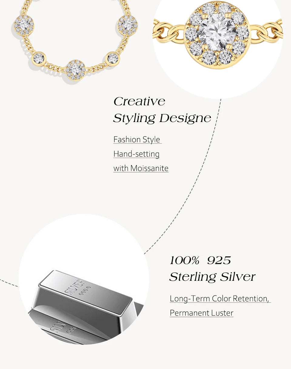 "Luxury Round Halo D Color VVS1 Diamond Bracelet for Women - S925 Sterling Silver Yellow Gold Plated.