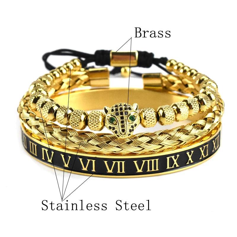 Luxury Leopard Head Bracelet set for Men – 18K Gold Electroplated, Adjustable.