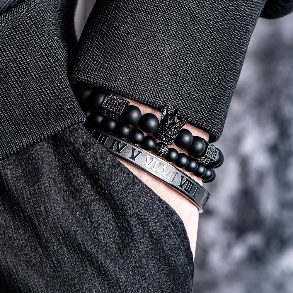 Luxury Crystal Crown Gold Bracelet – White Enamel & Roman Numeral Design | Stainless Steel Beaded Bracelet for Men