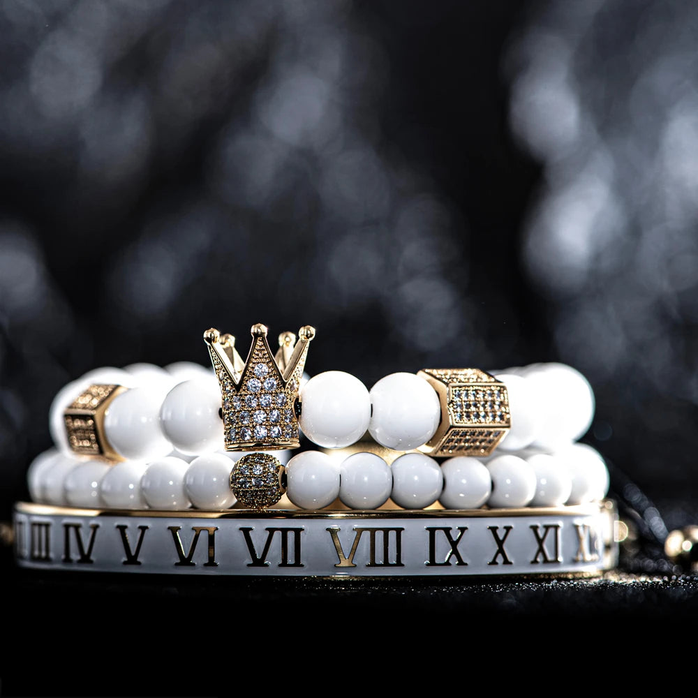 Luxury Crystal Crown Gold Bracelet – White Enamel & Roman Numeral Design | Stainless Steel Beaded Bracelet for Men
