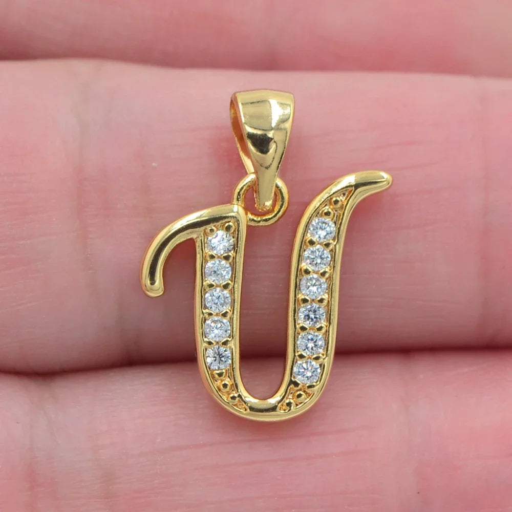 Gold CZ Alphabet Letter Pendant Necklace
