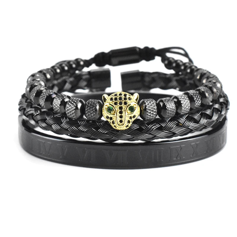 Luxury Leopard Head Bracelet set for Men – 18K Gold Electroplated, Adjustable.