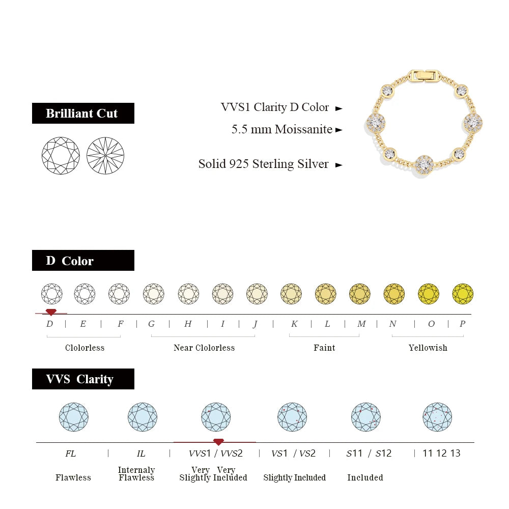 "Luxury Round Halo D Color VVS1 Diamond Bracelet for Women - S925 Sterling Silver Yellow Gold Plated.