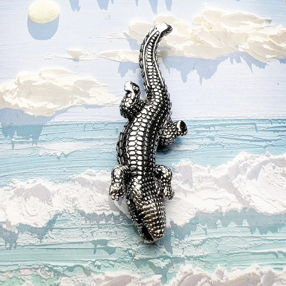 Crocodile Pendant Silver Black Stones