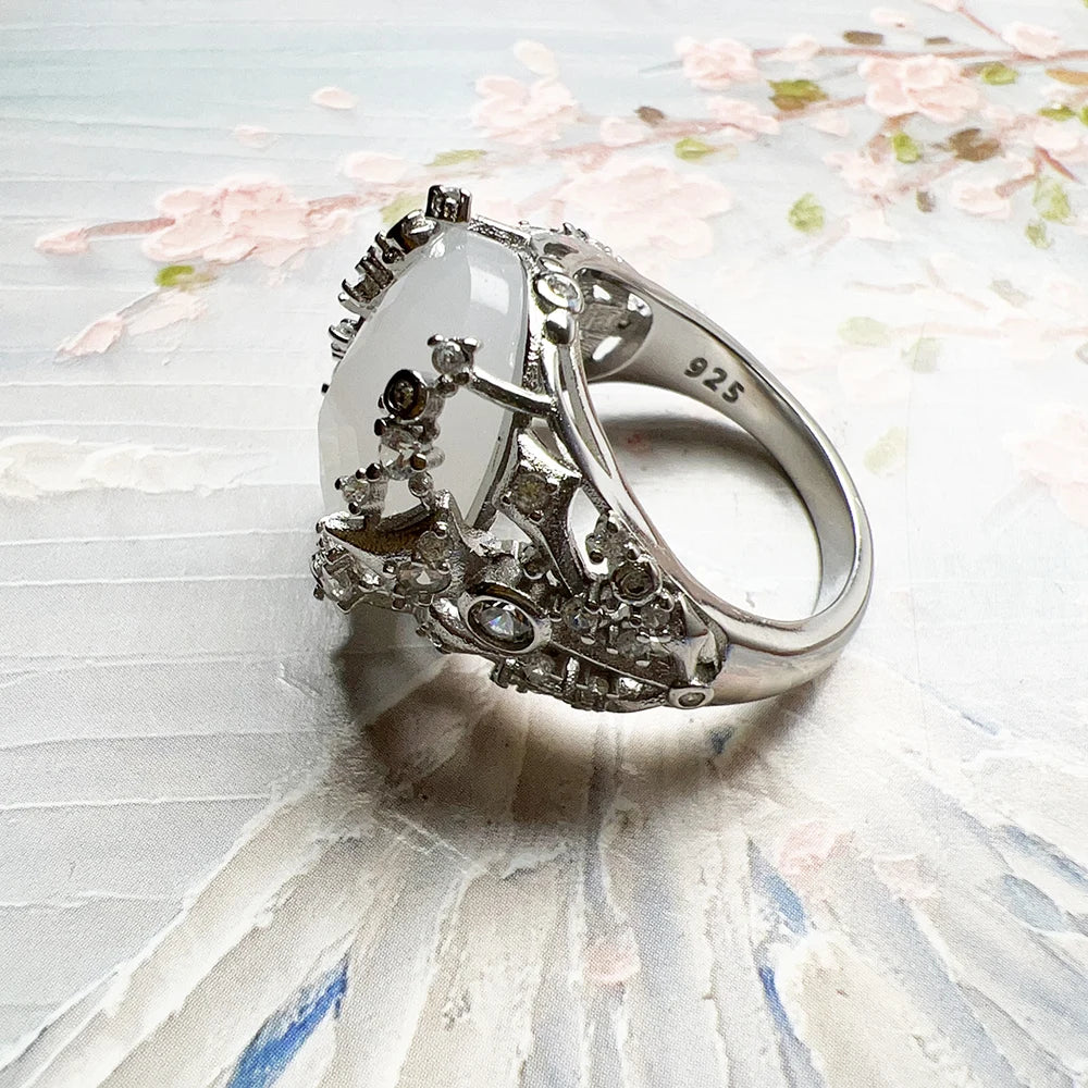 Oval Crystal Silver Cocktail Ring