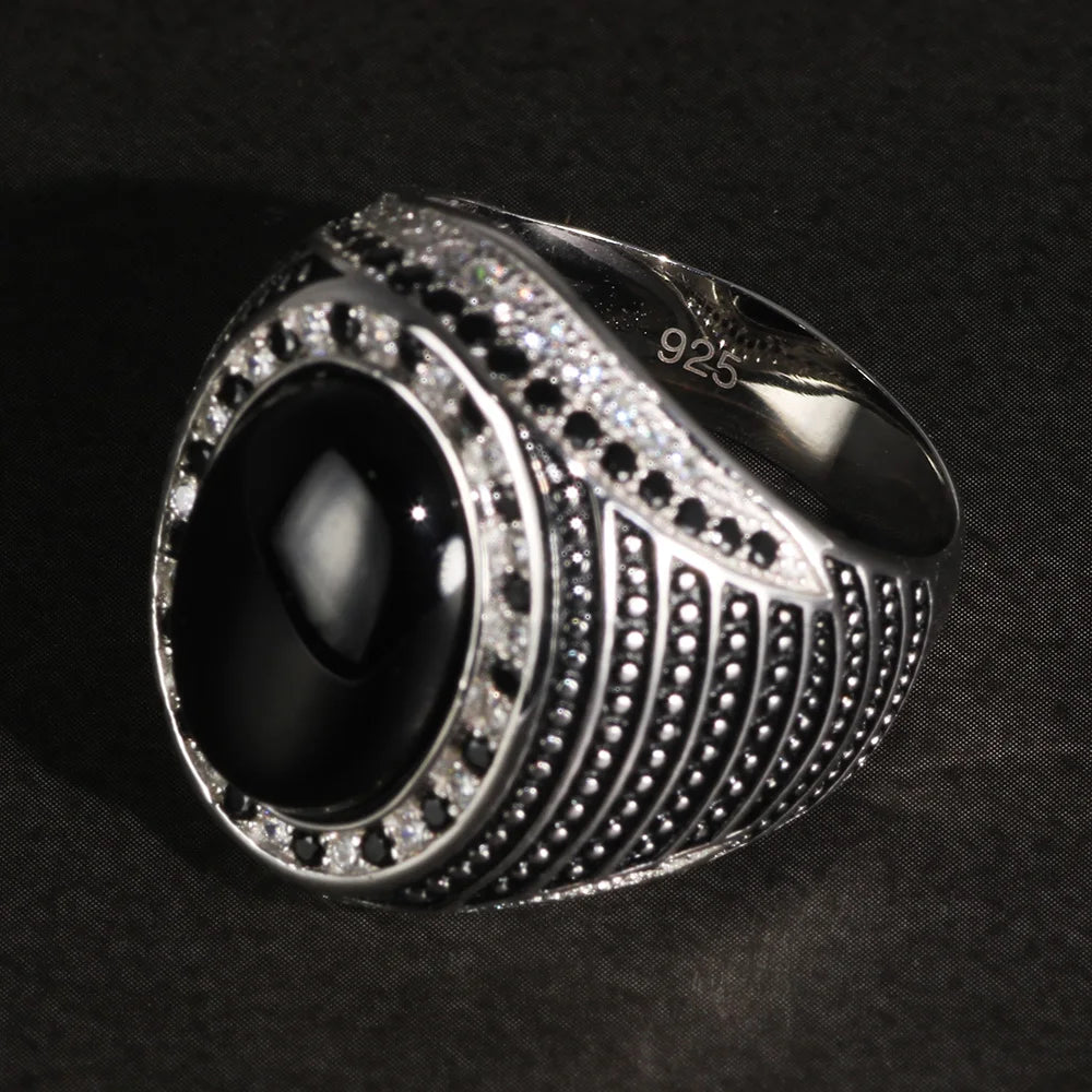 Men's Sterling Silver 925 Agate & Onyx Ring - Vintage 925 Silver Wedding Band