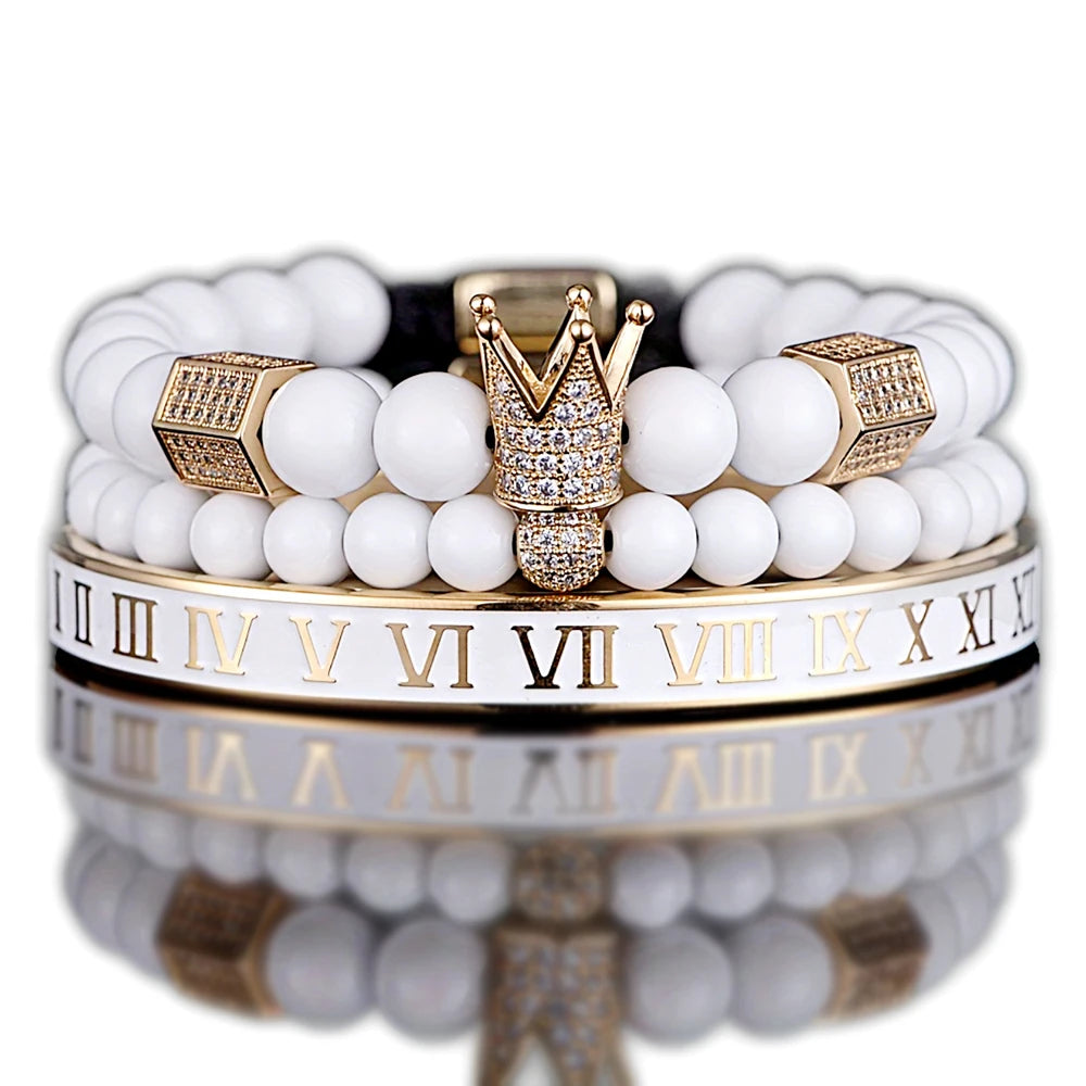 Luxury Crystal Crown Gold Bracelet – White Enamel & Roman Numeral Design | Stainless Steel Beaded Bracelet for Men