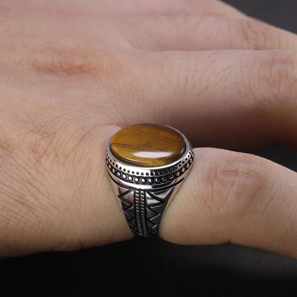 Men's 925 Sterling Silver Ring with Natural Tiger Eye Stone - Vintage Turkish Retro Jewelry