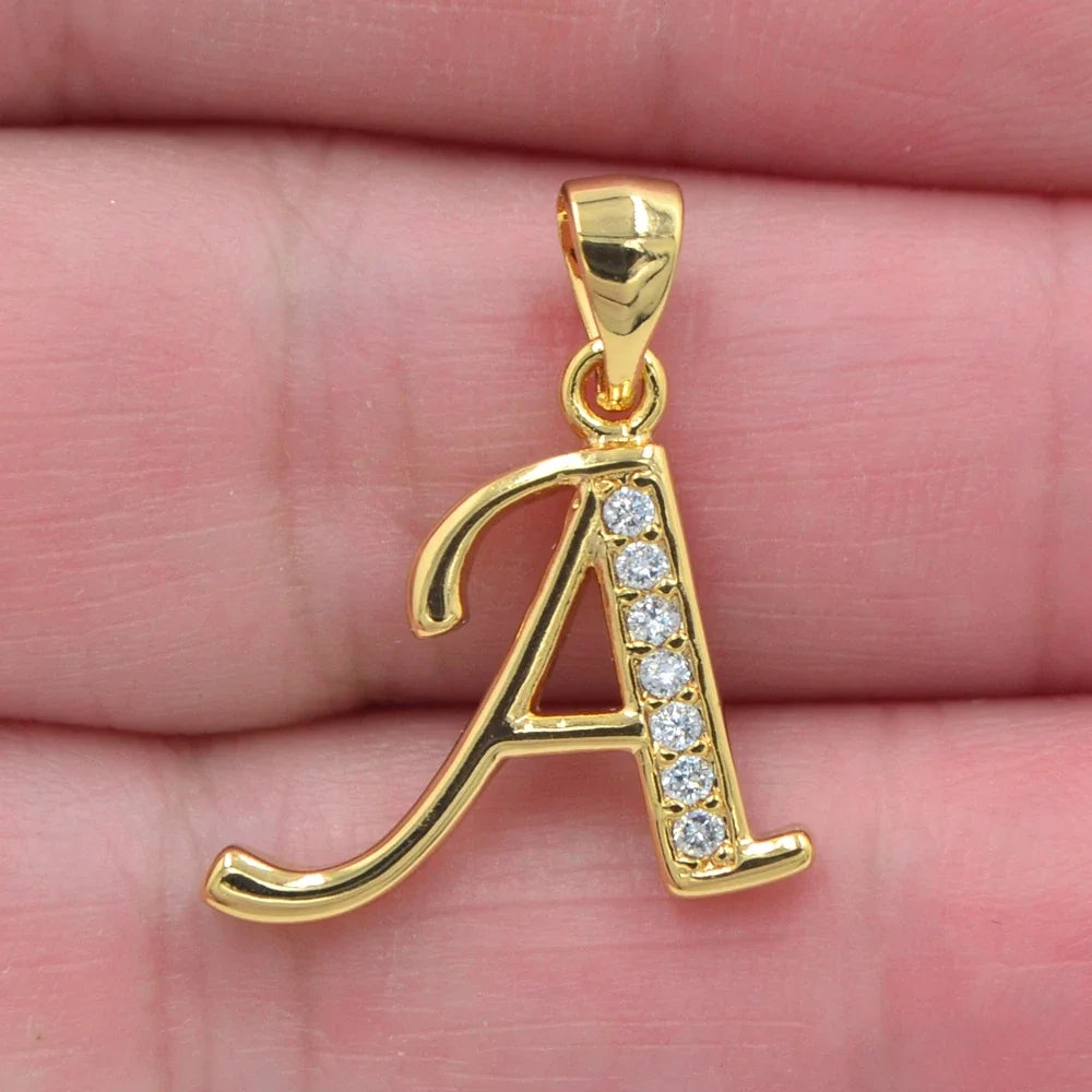 Gold CZ Alphabet Letter Pendant Necklace