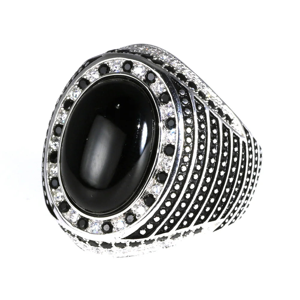 Men's Sterling Silver 925 Agate & Onyx Ring - Vintage 925 Silver Wedding Band