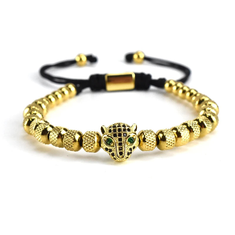Luxury Leopard Head Bracelet set for Men – 18K Gold Electroplated, Adjustable.