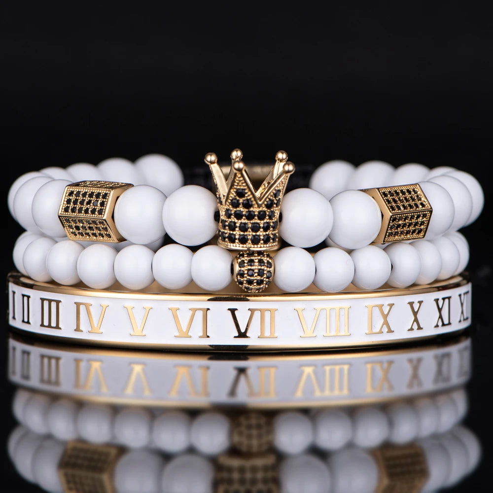 Luxury Crystal Crown Gold Bracelet – White Enamel & Roman Numeral Design | Stainless Steel Beaded Bracelet for Men