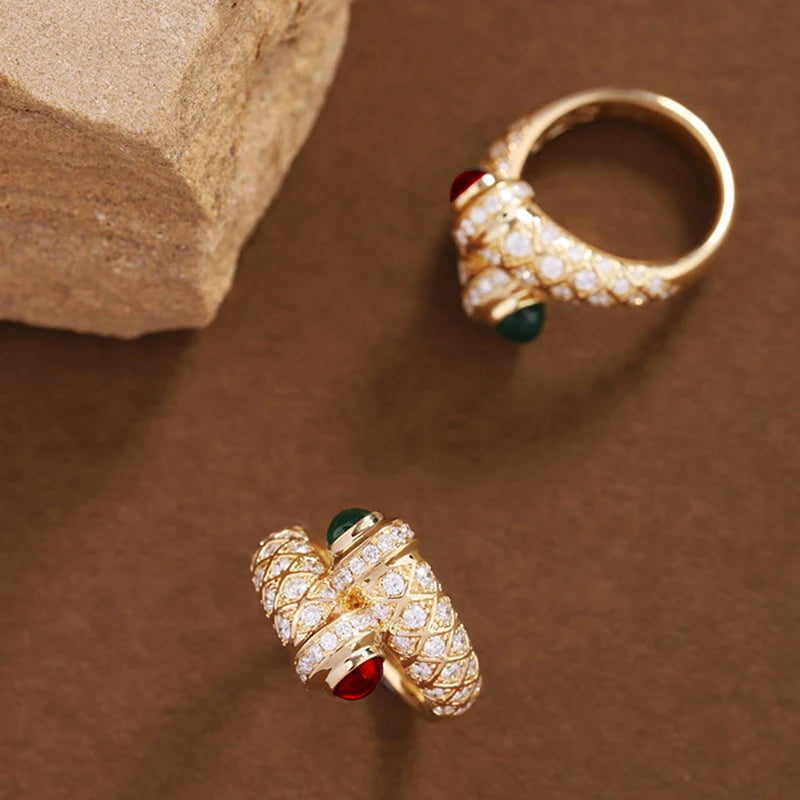 Gold Ring for Women | French Style Retro Jewelry with Red & Green Glaze