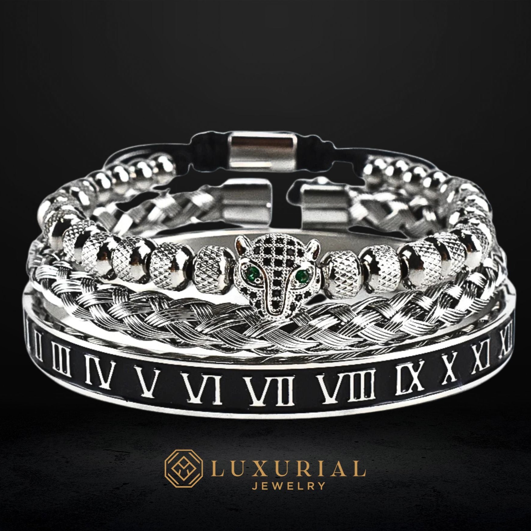 Luxury Leopard Head Bracelet set for Men – 18K Gold Electroplated, Adjustable.