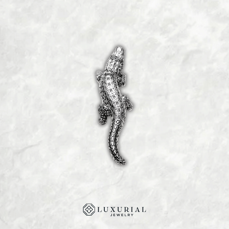 Crocodile Pendant Silver Black Stones