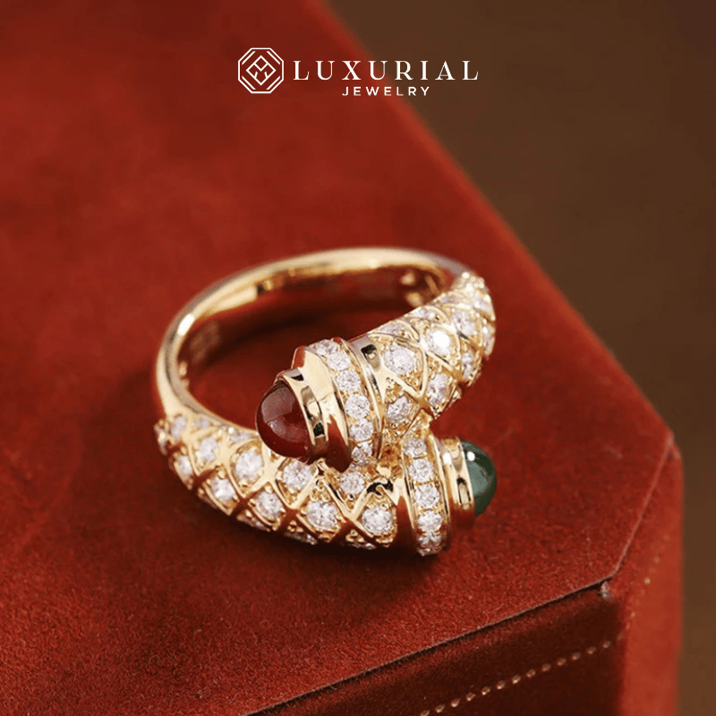 Gold Ring for Women | French Style Retro Jewelry with Red & Green Glaze
