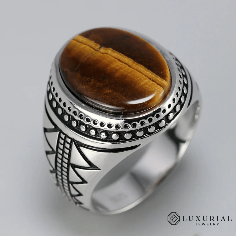 Men's 925 Sterling Silver Ring with Natural Tiger Eye Stone - Vintage Turkish Retro Jewelry