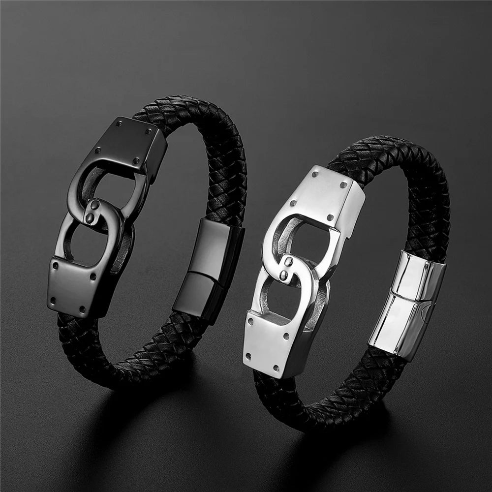 Men's Stainless Steel & Leather Handcuff Bracelet