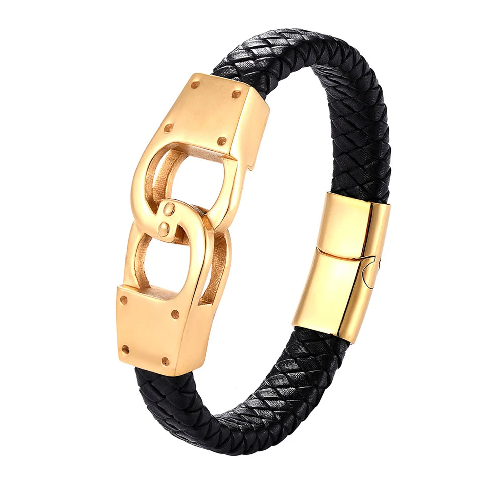 Men's Stainless Steel & Leather Handcuff Bracelet