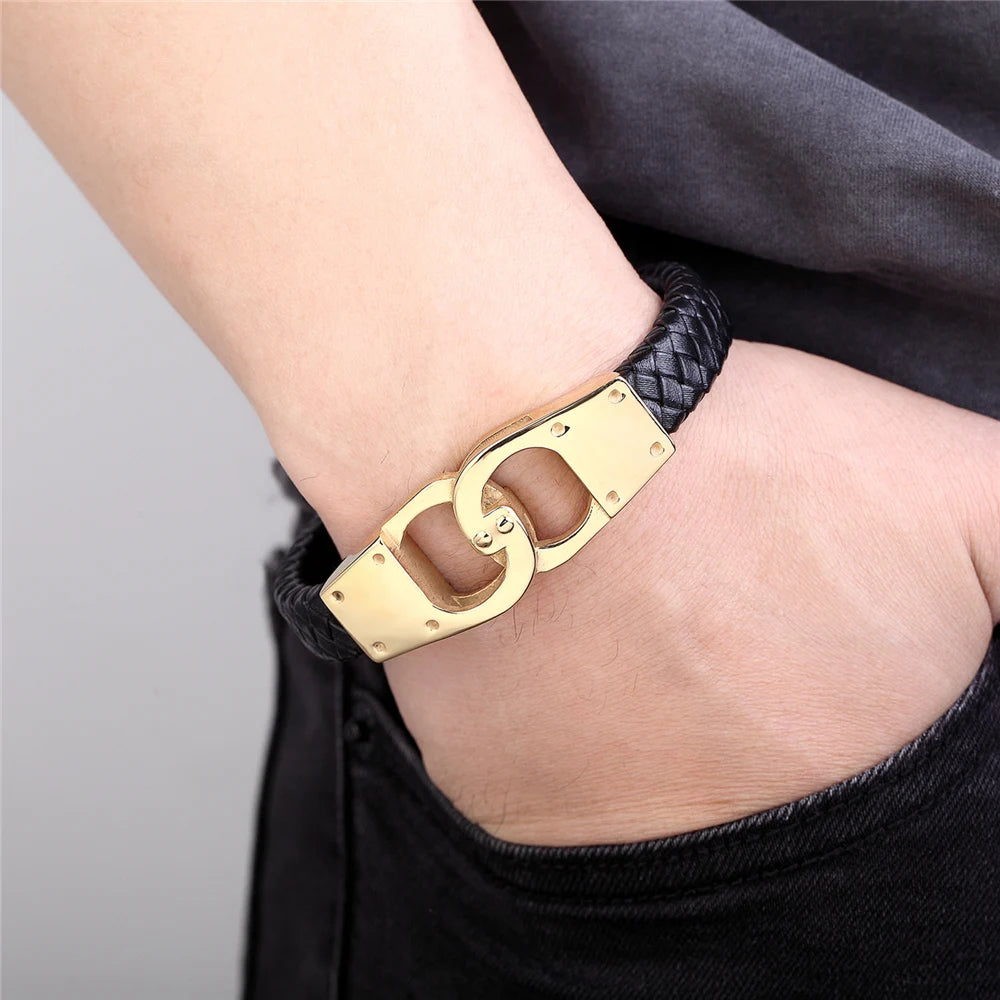 Men's Stainless Steel & Leather Handcuff Bracelet