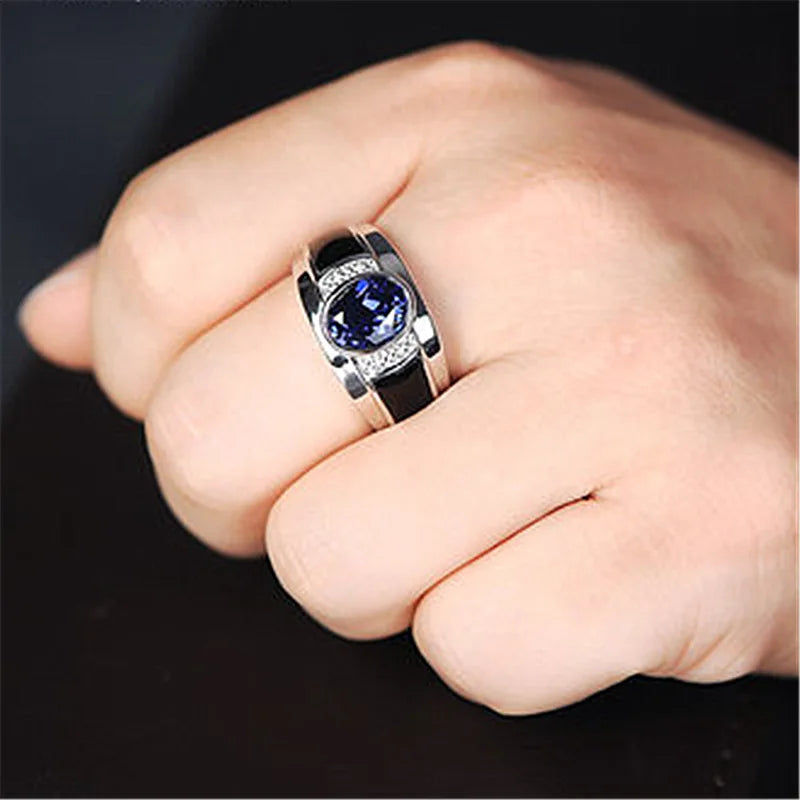 Sterling Silver Blue Crystal Ring | for Men