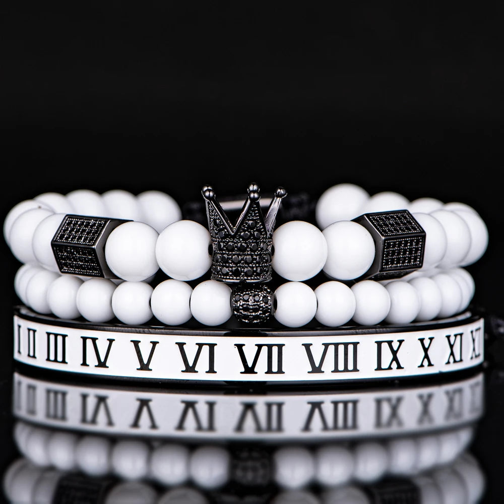 Luxury Crystal Crown Gold Bracelet – White Enamel & Roman Numeral Design | Stainless Steel Beaded Bracelet for Men