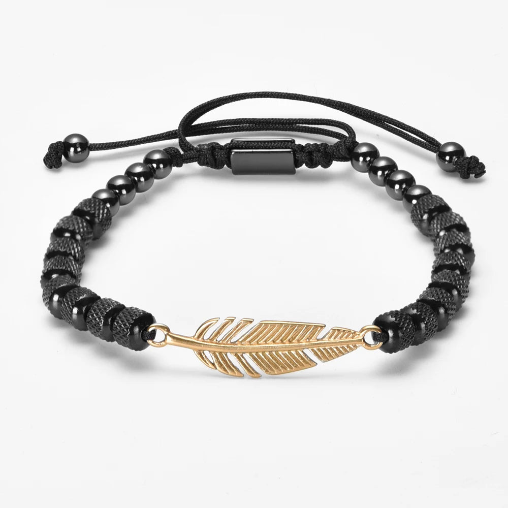 Feather Beaded Bracelet – Handmade Stainless Steel & Zircon Charm