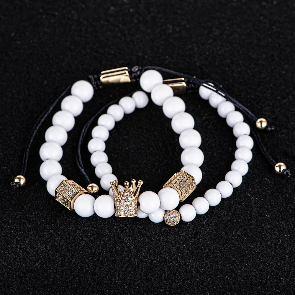 Luxury Crystal Crown Gold Bracelet – White Enamel & Roman Numeral Design | Stainless Steel Beaded Bracelet for Men