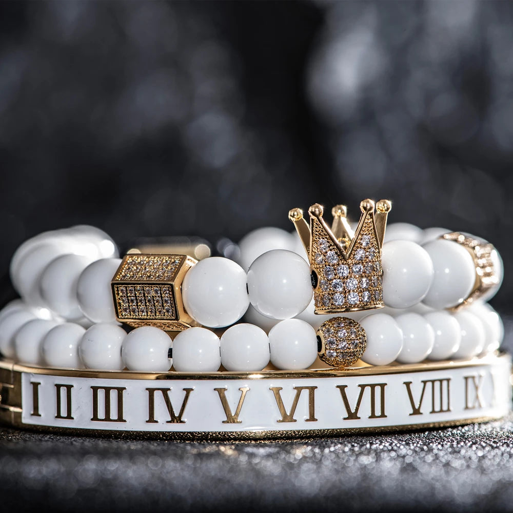 Luxury Crystal Crown Gold Bracelet – White Enamel & Roman Numeral Design | Stainless Steel Beaded Bracelet for Men