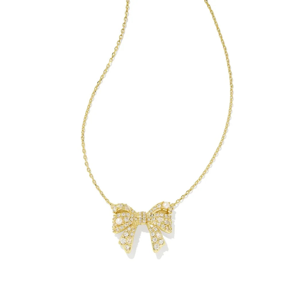 Krista Gold Bow Short Pendant Necklace White Pearl & Zircon Kendra Scott