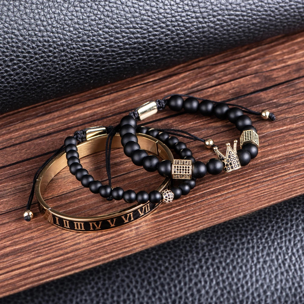 Luxury Crystal Crown Gold Bracelet – White Enamel & Roman Numeral Design | Stainless Steel Beaded Bracelet for Men