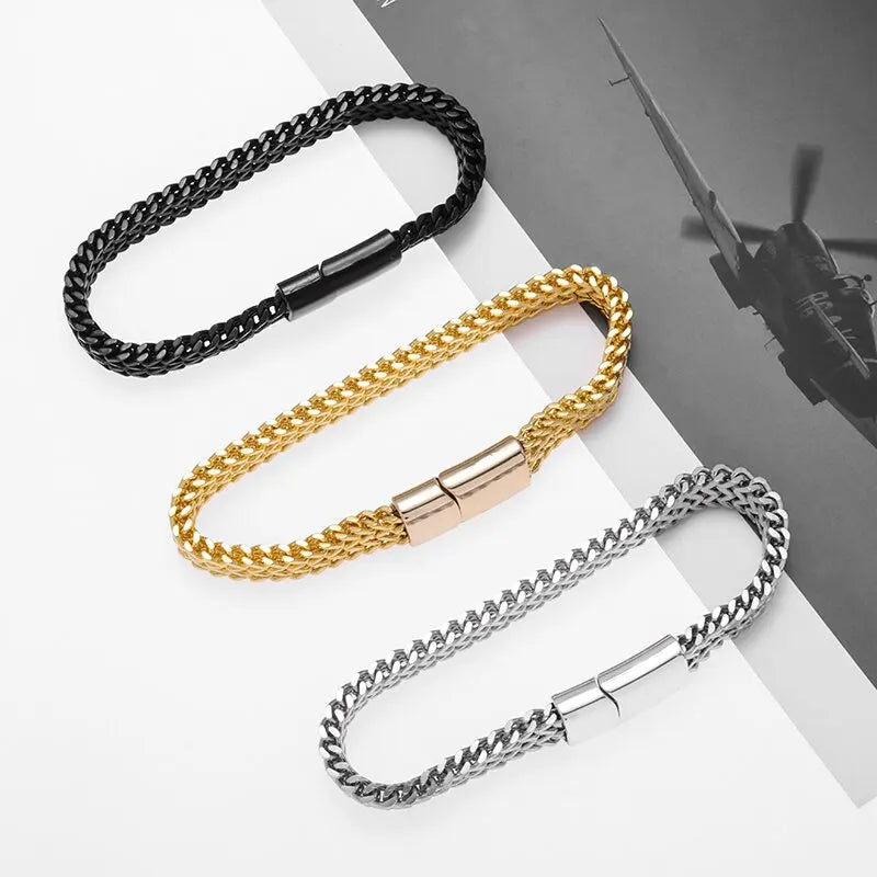 Stainless Steel Braided Bracelet - Double Row Metal Design for Men & Women