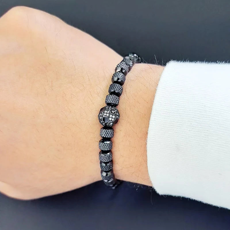 Luxury Soccer Bead Bracelet for Men – Stainless Steel & 18K Gold-Plated Charms
