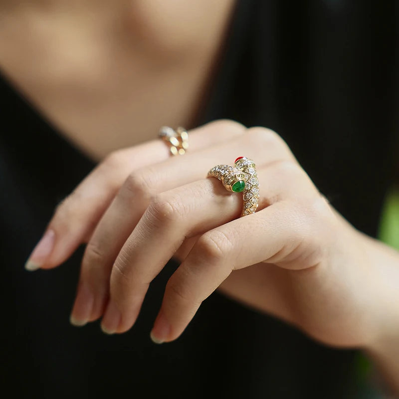 Gold Ring for Women | French Style Retro Jewelry with Red & Green Glaze