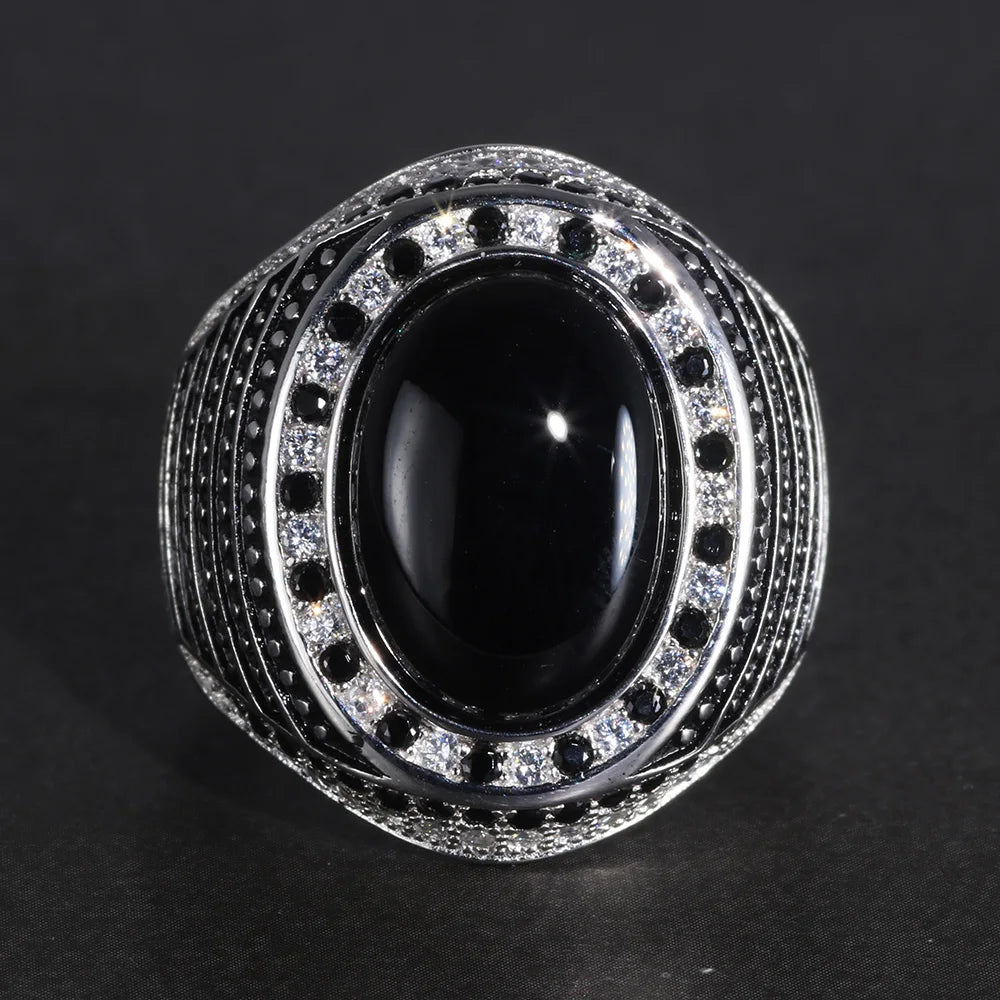 Men's Sterling Silver 925 Agate & Onyx Ring - Vintage 925 Silver Wedding Band