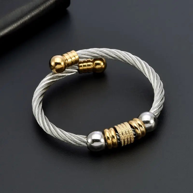 Stainless Steel Men's Cuff Bracelet with Crystal Beads - Trendy Sporty Design