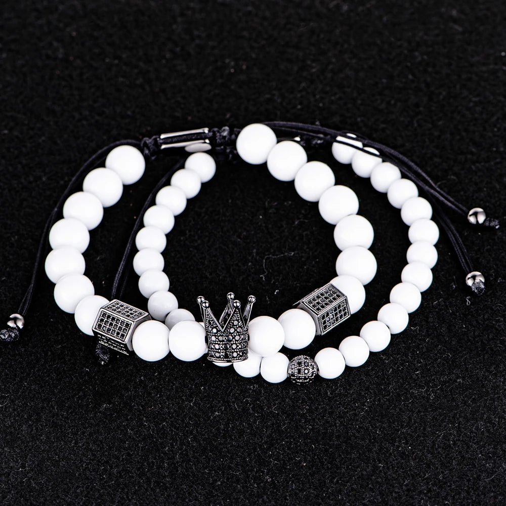 Luxury Crystal Crown Gold Bracelet – White Enamel & Roman Numeral Design | Stainless Steel Beaded Bracelet for Men