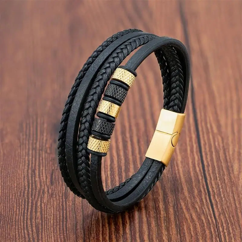 Classic Men's Leather Beaded Bracelet