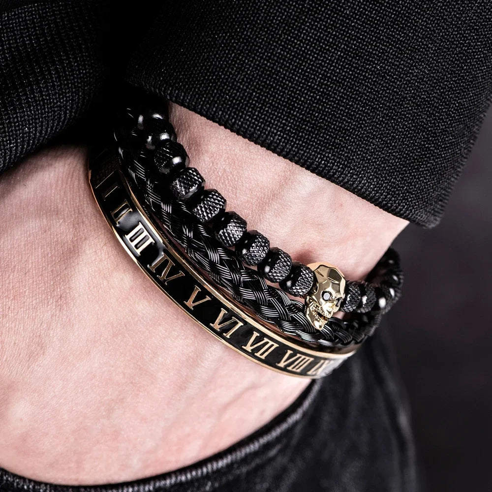 Skull Charm Bracelet – Black Stainless Steel & Copper Beaded Bangle