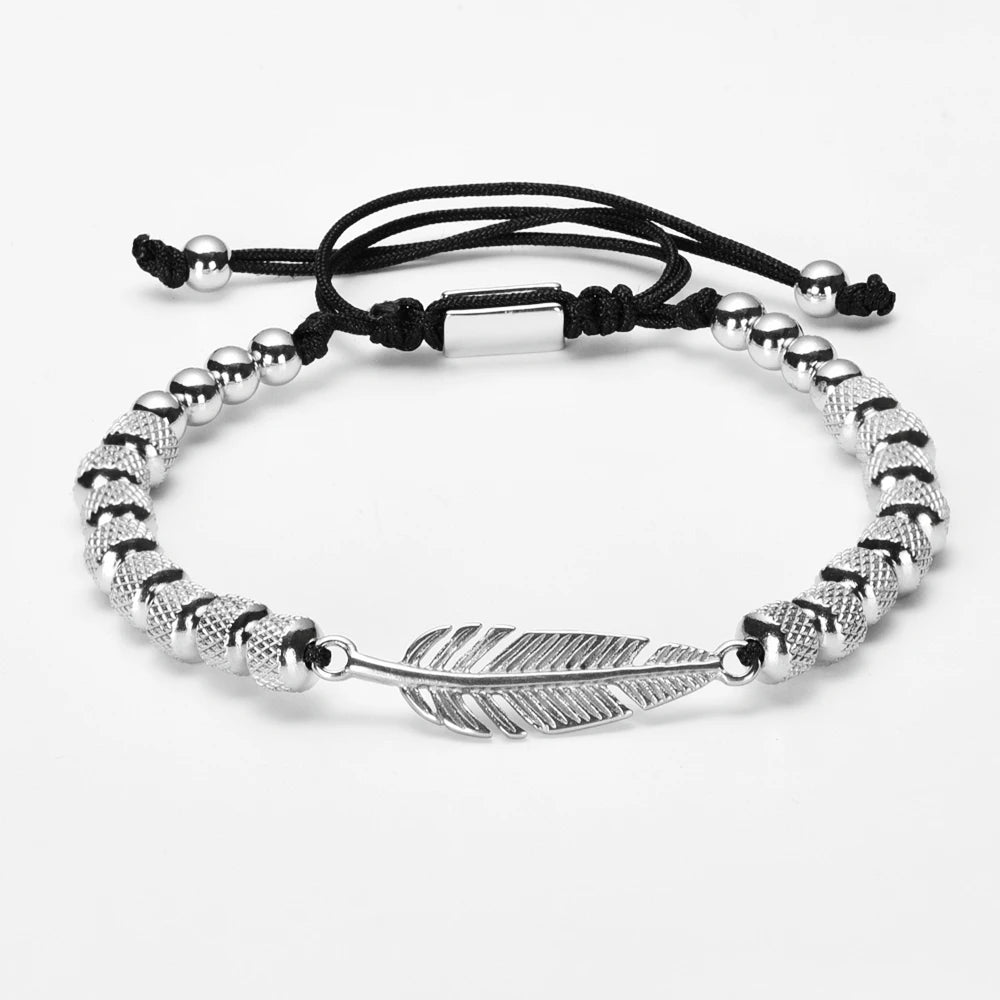 Feather Beaded Bracelet – Handmade Stainless Steel & Zircon Charm