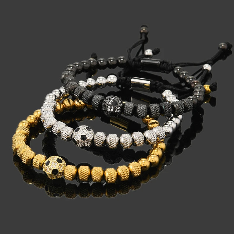 Luxury Soccer Bead Bracelet for Men – Stainless Steel & 18K Gold-Plated Charms