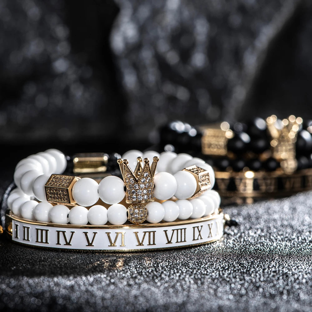 Luxury Crystal Crown Gold Bracelet – White Enamel & Roman Numeral Design | Stainless Steel Beaded Bracelet for Men