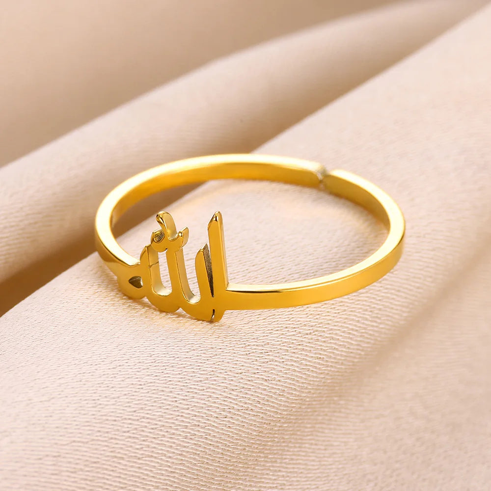 Gold Stainless Steel Allah Ring - Adjustable Islamic Religious Amulet for Women