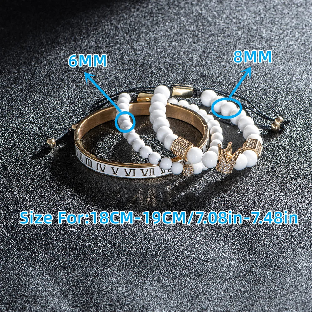 Luxury Crystal Crown Gold Bracelet – White Enamel & Roman Numeral Design | Stainless Steel Beaded Bracelet for Men