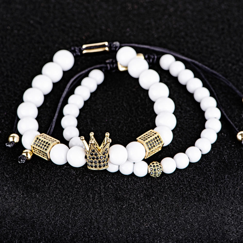 Luxury Crystal Crown Gold Bracelet – White Enamel & Roman Numeral Design | Stainless Steel Beaded Bracelet for Men