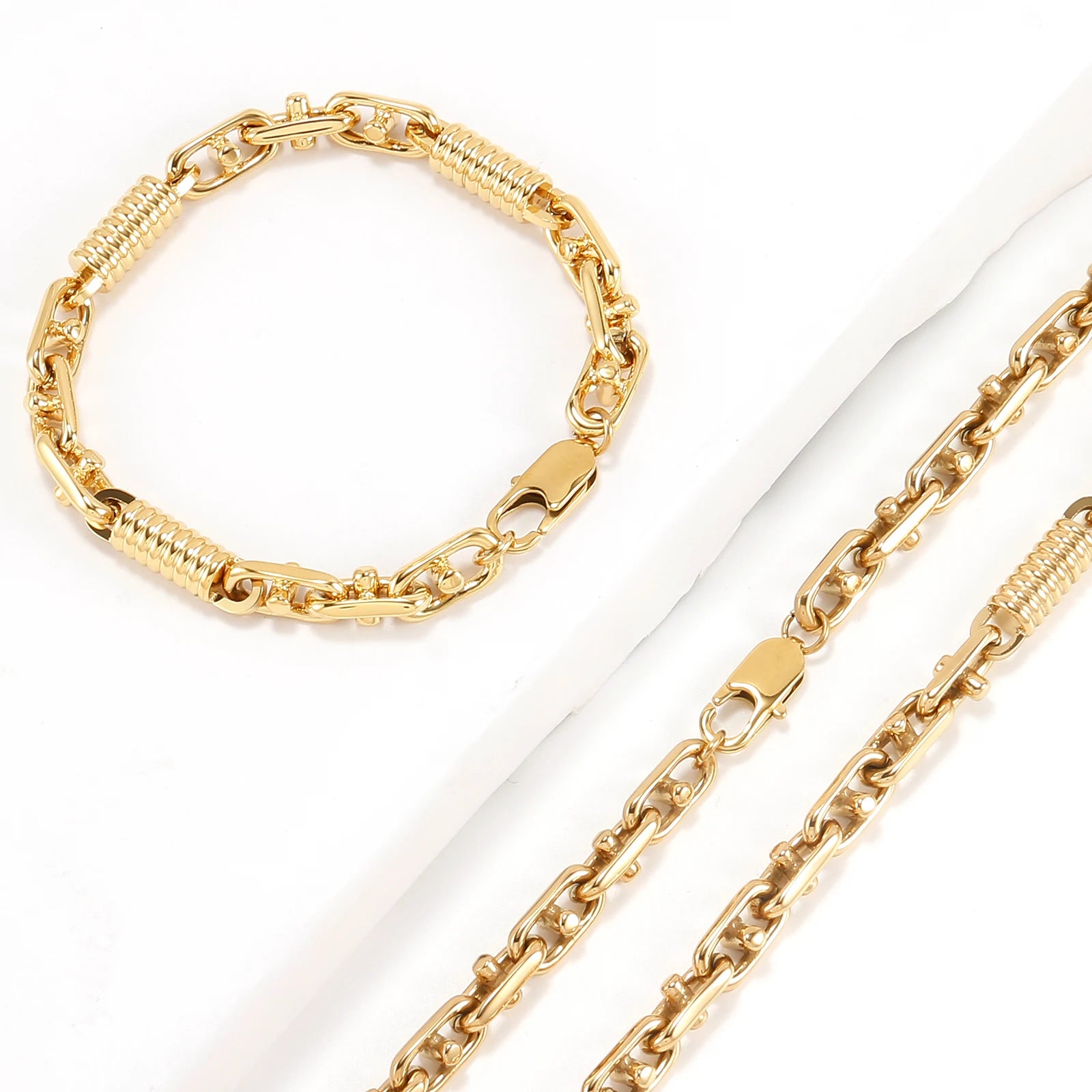 Golden Cuban Link Chain Necklace & Bracelet Set | Stainless Steel Fashion Jewelry