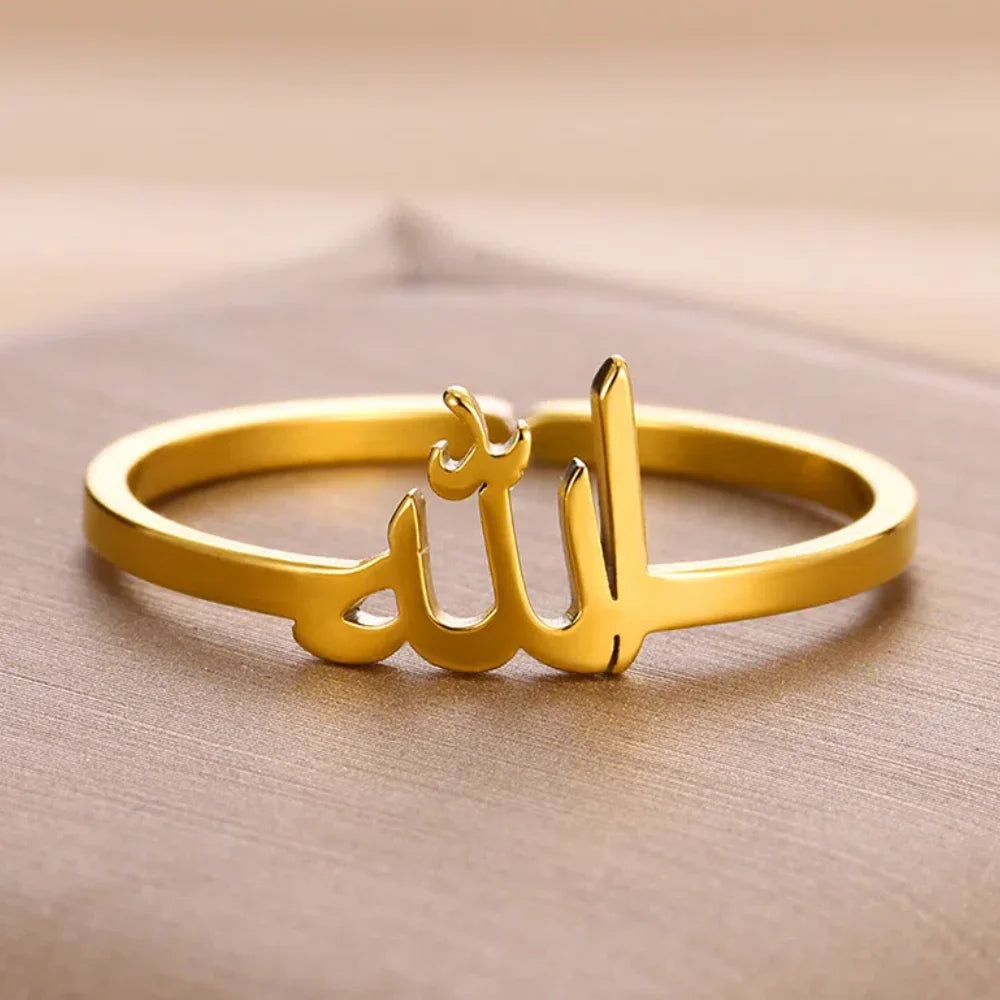 Gold Stainless Steel Allah Ring - Adjustable Islamic Religious Amulet for Women