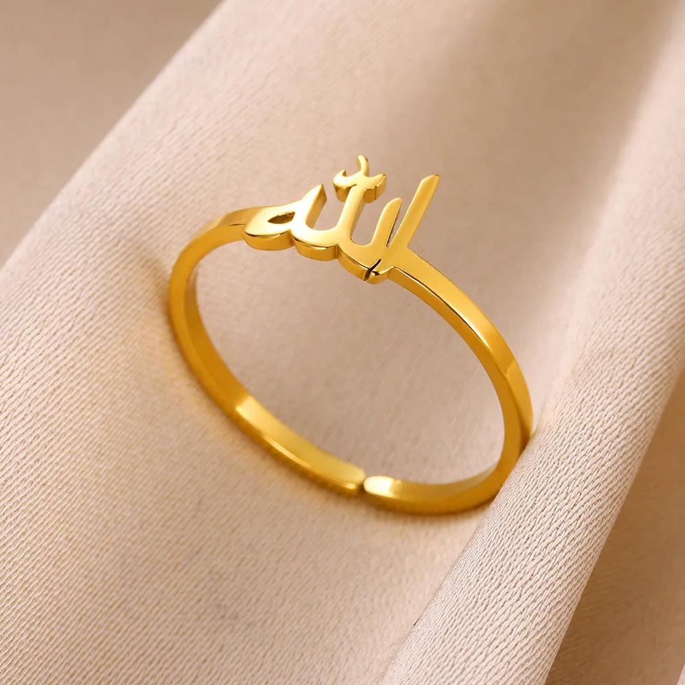 Gold Stainless Steel Allah Ring - Adjustable Islamic Religious Amulet for Women