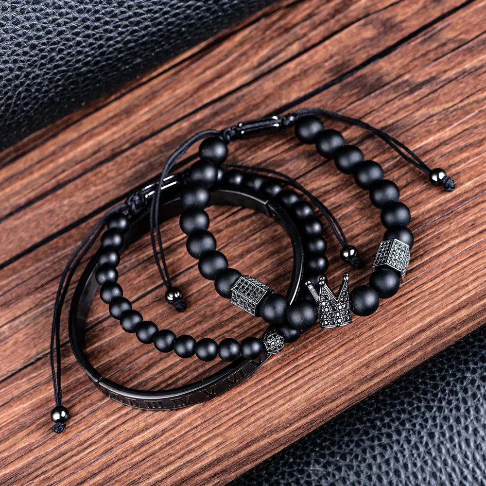 Luxury Crystal Crown Gold Bracelet – White Enamel & Roman Numeral Design | Stainless Steel Beaded Bracelet for Men
