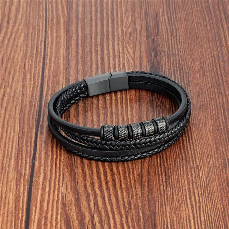 Classic Men's Leather Beaded Bracelet